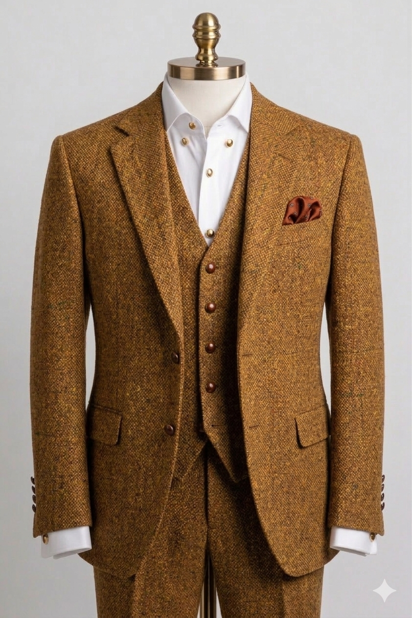 Caramel Irish tweed 3-piece bespoke suit