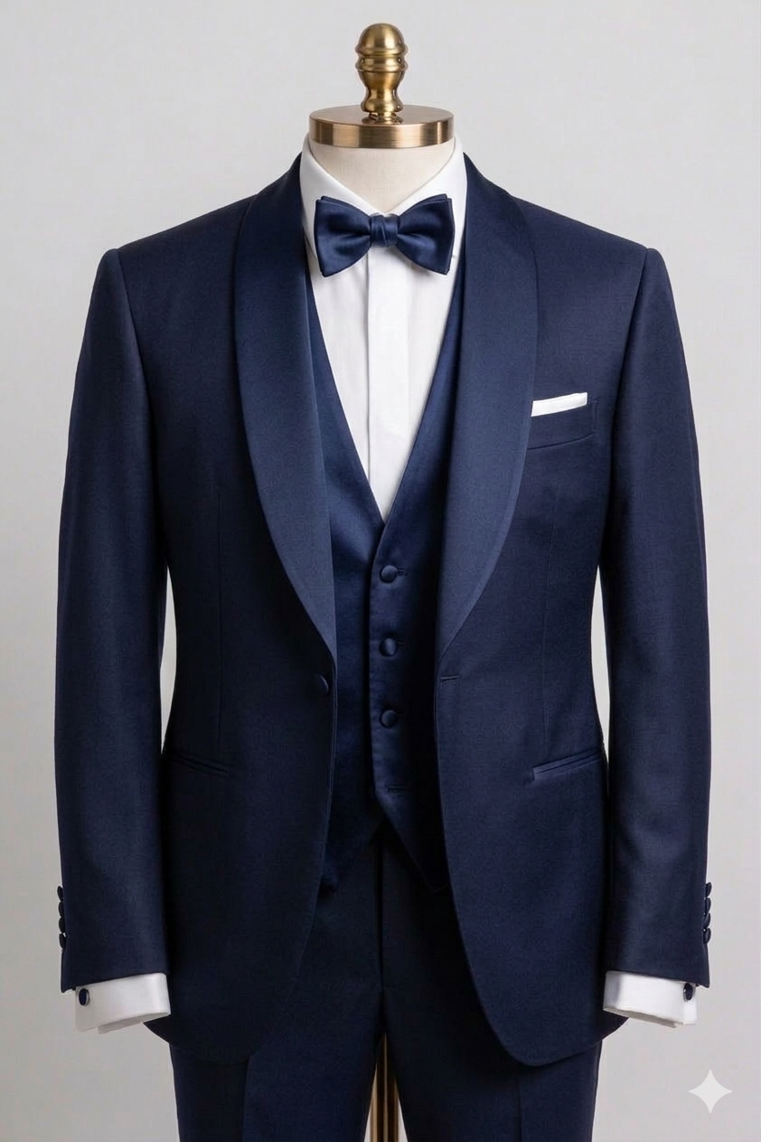 Navy shawl lapel tuxedo — bespoke formal wear