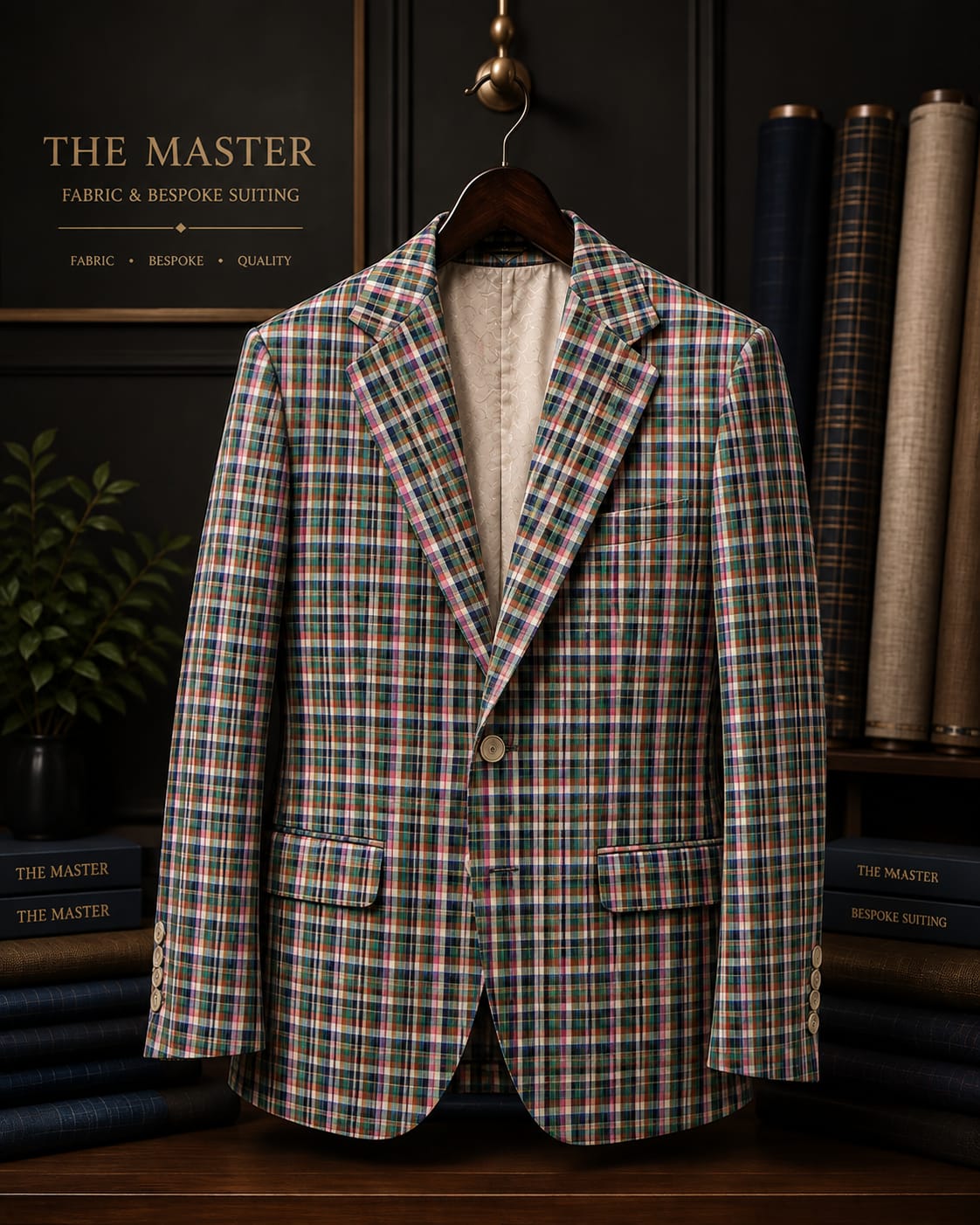 A bespoke Madras check jacket by The Masters, finished and ready for delivery to a client's home