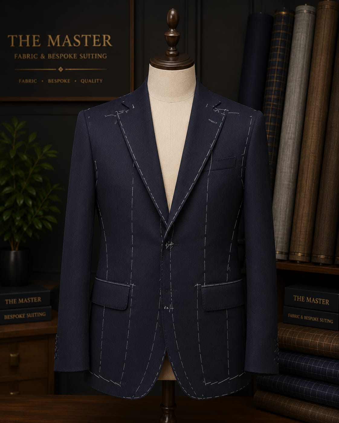 A navy bespoke jacket basted on the dress form with hand-stitched canvas markings at The Masters atelier in Islamabad