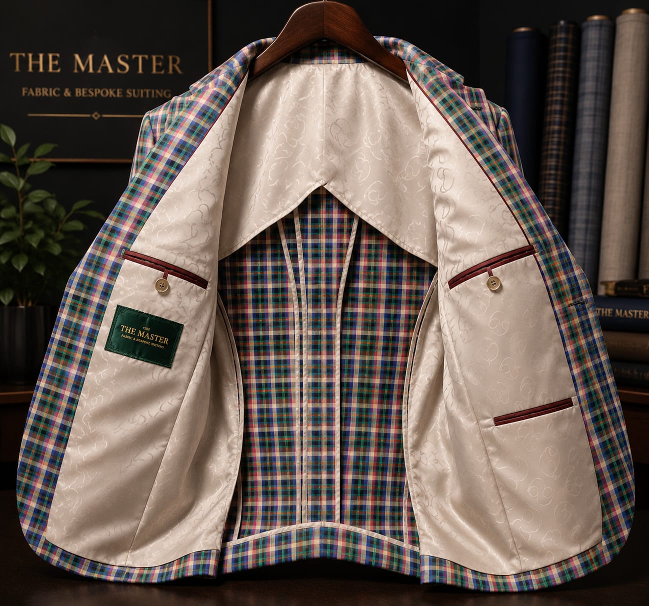 The interior of a bespoke Masters jacket showing the patterned lining, hand-finished pockets, and house label