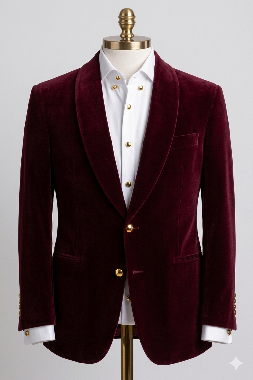 Burgundy velvet dinner jacket — black tie bespoke
